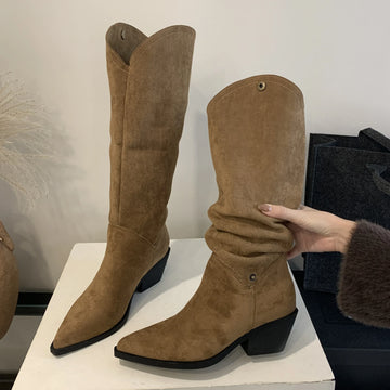 Xajzpa Retro Style Fold Button Women Knee-High Boots Fashion Pointed Toe Square Low Heels Casual Dress Ladies Shoes